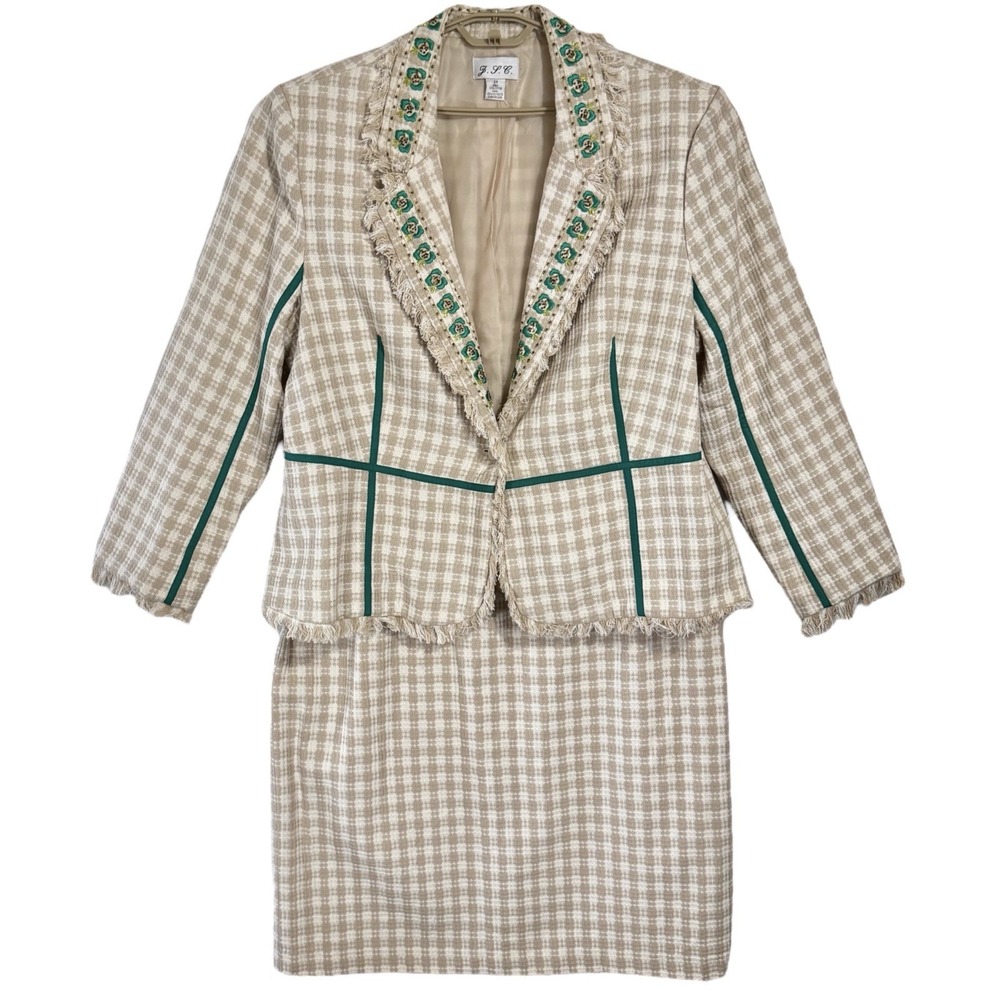Vintage Plaid Tweed Skirt Suit Plus Size 24 22‎ Embroidered Fringe Boho Chic Y2K